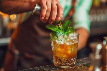 Bartender's craft, a close-up shot capturing a skilled bartender meticulously preparing a Mint Julep cocktail with precision and attention to detail. - obrazy, fototapety, plakaty