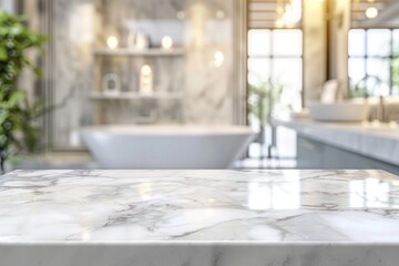 Marble table top with blurred bathroom interior background - obrazy, fototapety, plakaty