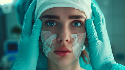 Frightened woman touching face after plastic surgery operation near doctors hands with scalpel and scissors. Girl with bandages on head suffered due to poor-quality cosmetic plastic surgery services - obrazy, fototapety, plakaty