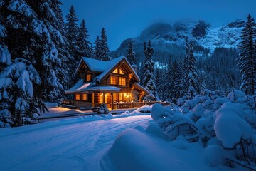 A cozy mountain cabin in winter with a snow-covered landscape and warm fire - obrazy, fototapety, plakaty