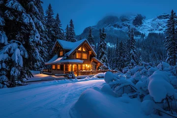 Foto op Canvas A cozy mountain cabin in winter with a snow-covered landscape and warm fire © Bijac