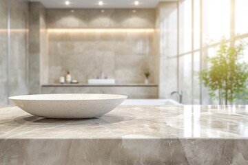 Fototapeta na wymiar Marble table top with blurred bathroom interior background
