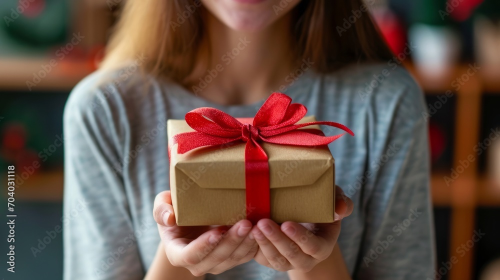 Sticker happy woman holding gift box rejoicing in birthday or christmas surprise received. smiling girl in c