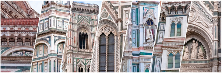 Details of the exterior of the di Santa Maria del Fiore or Cathedral of Saint Mary of the Flower - the main church of Florence, Tuscany, Italy. - obrazy, fototapety, plakaty