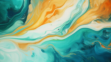 Acrylic Marble Background. Paint Swirls in Beautiful Teal and Orange colors. Luxurious Marbling Background - obrazy, fototapety, plakaty