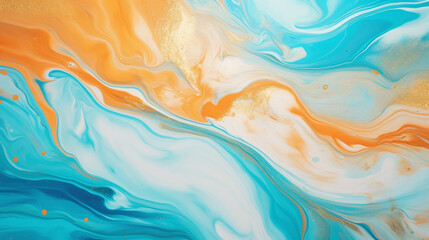 Fototapeta na wymiar Acrylic Marble Background. Paint Swirls in Beautiful Teal and Orange colors. Luxurious Marbling Background