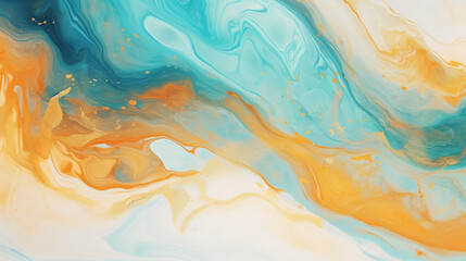 Acrylic Marble Background. Paint Swirls in Beautiful Teal and Orange colors. Luxurious Marbling Background