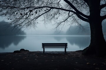 Fototapeta na wymiar a bench sitting next to a tree in front of a body of water with a tree in the foreground and a body of water in the background on a foggy day.