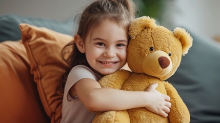 Little girl hugs big favorite soft toy and smiles feeling affection. Happy preschool child holding plush bear rejoicing at cool gift from parents or relatives