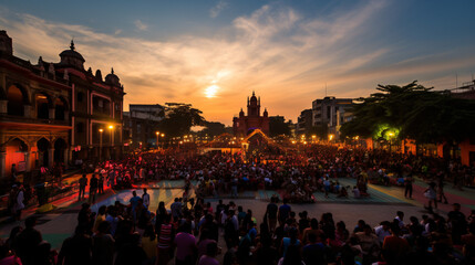 A citys public square during a cultural festival filled with performers artisans and food stalls.