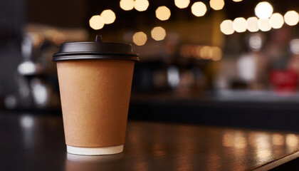 coffee cup on counter with cafe background. Ideal for cafe design mockups
