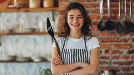 Smiling woman housewife stands with arms crossed in front of chest with spatula for cooking. Lady homemade confectioner or cook posing in striped apron draped over casual clothes - obrazy, fototapety, plakaty
