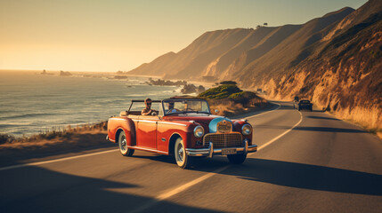 A classic convertible bus and a vintage roadster car on a scenic coastal highway reminiscent of a bygone era.