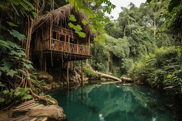 A lush rainforest retreat with eco-friendly treehouses and natural pools Promoting sustainable tourism