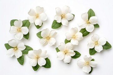 a group of white flowers with green leaves on a white background, top view, flat lay, flat lay, flat lay, flat lay, flat lay, flat lay.
