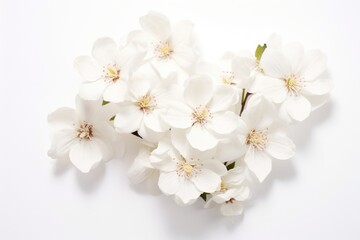  a bunch of white flowers sitting on top of a white table next to a green leafy plant on top of a white table top of a white table with a white background.
