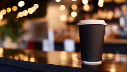 coffee cup on counter with cafe background. Ideal for cafe design mockups