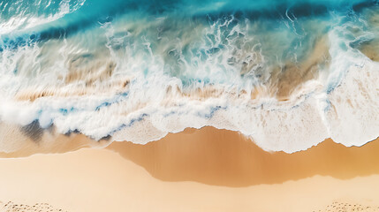 Fototapeta na wymiar Aerial view of sandy beach, clear blue waves, and sunrays summer vacation banner with copy space, showcasing natural beauty and outdoor spa