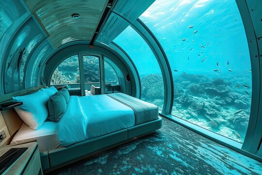 A luxurious underwater hotel room with panoramic views of a coral reef and marine life