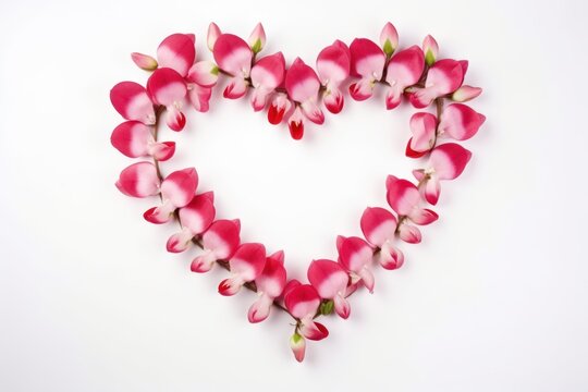  a heart - shaped arrangement of pink flowers arranged in a shape of a heart on a white background with copy - space in the middle of the image to the center.