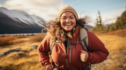Plus size woman hiking with a smile, showcasing the joy of physical activity. - obrazy, fototapety, plakaty