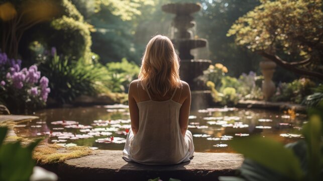 A young woman sits and relaxes looking at a pond, Time to relax.