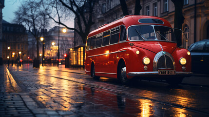 A classic red double-decker bus and a sleek futuristic car sharing a cobbled street in a historic European city. - obrazy, fototapety, plakaty