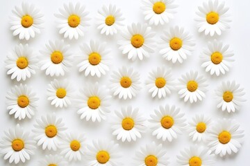  a group of white and yellow daisies arranged in a square pattern on a white surface with a yellow center in the middle of the center of the daisy petals.