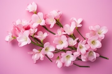 Naklejka na ściany i meble a bunch of pink flowers sitting on top of a pink table next to a white and black dogwood branch on a pink background, top view from above, with space for text.
