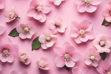  a group of pink flowers with green leaves on a pink background with a place for a text or an image with a place for a place for your own text.