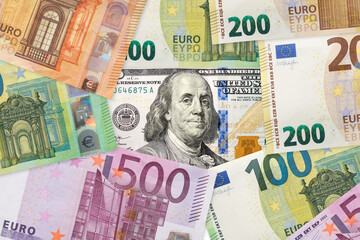 100 dollar and Euros banknotes. EU and USA trade. Euro and dollar rate.