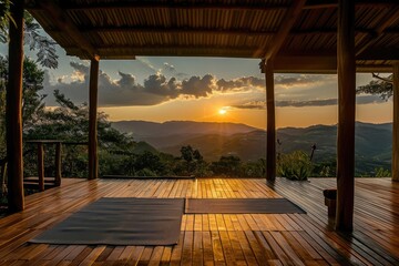 A peaceful yoga retreat in a mountain setting with a sunrise view