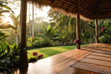 A serene yoga retreat in a lush tropical rainforest