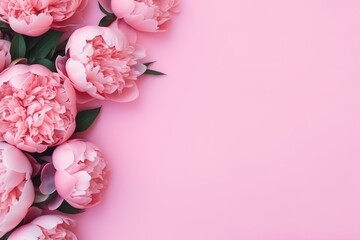  a bouquet of pink peonies on a pink background with a place for a text or an image with a place for an inscription in the center of the peonies.