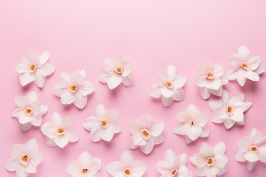  a group of white flowers on a pink background with space for a text or an image to put on a greeting card or a greeting card or a gift card.