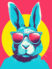 vector ilustration of rabbit, risograph of rabbit, vibrant color, cool bunny in vector illustration style