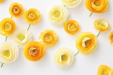  a group of yellow flowers sitting on top of a white table next to a green button in the middle of the middle of a row of a row of yellow flowers.