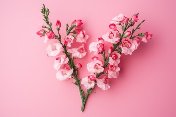  a pair of pink and white flowers on a pink background, top view, flat lay on a pink surface, flat lay on the ground, with copy space for text.