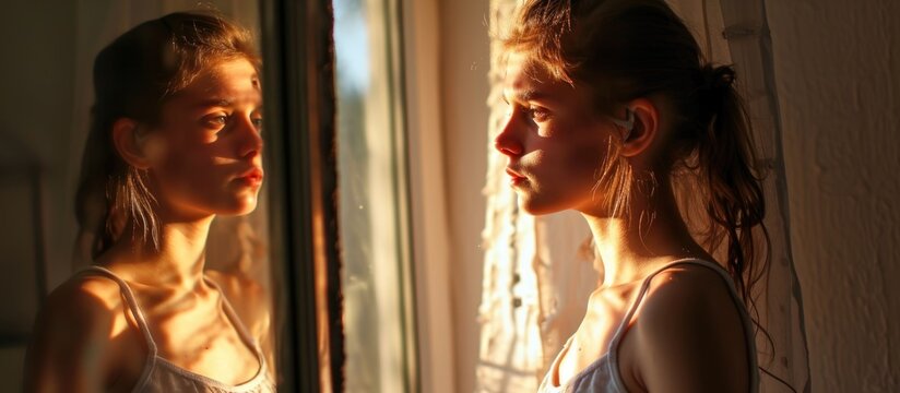 Teenage anorexia: a girl perceives herself as overweight, a mental and eating disorder.