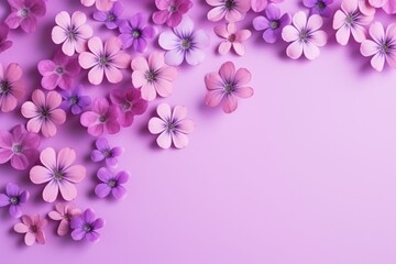 Fototapeta na wymiar a bunch of pink and purple flowers on a purple background with a place for a text or an image of a bunch of pink and purple flowers on a purple background.