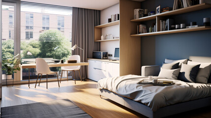 A compact modern studio apartment in a vibrant city district ideal for urban professionals.