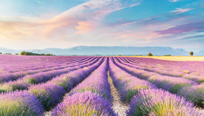 Vibrant purple lavender fields under golden sunlight in Valensole, France, evoking serenity and beauty