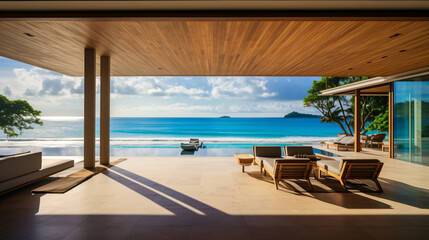 Fototapeta na wymiar A contemporary beachfront villa with floor-to-ceiling windows overlooking a pristine beach.