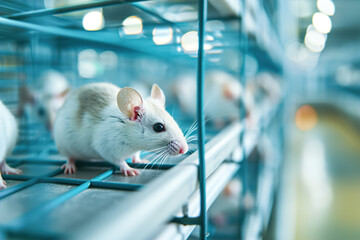 White mice in a medical scientific research laboratory. Laboratory experiments with animals.