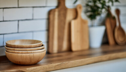 Minimalist kitchen setup: wooden bowls, cutting boards on table against beige wall in modern aesthetic