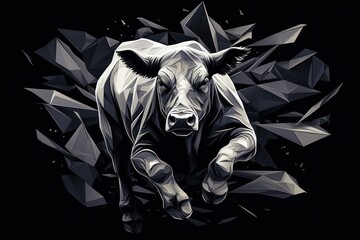  a black and white picture of a bull running through a hole in the ground, with a black background and a black and white picture of a bull running through the wall.
