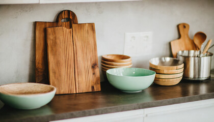 Fototapeta na wymiar Minimalist kitchen setup: wooden bowls, cutting boards on table against beige wall in modern aesthetic