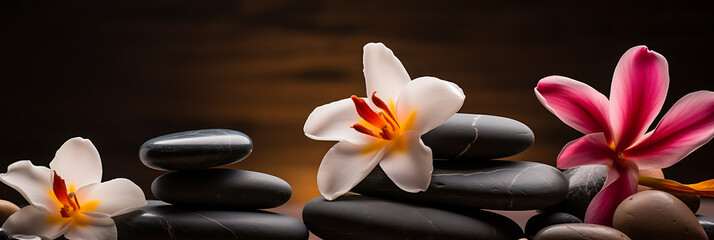Brown spa background featuring massage stones, exotic flower, and ample copy space