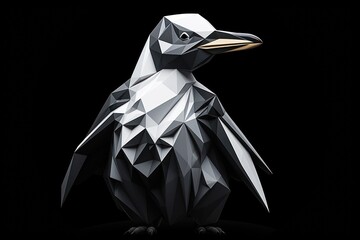  a black and white origami bird on a black background with a black background and a black background with a black background and a white origami bird with a gold beak.