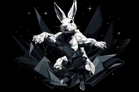  a black and white picture of a rabbit in low poly polygonic style on a black background with stars and a starbursty sky in the background.